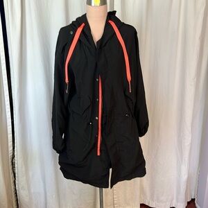 Ladies Rain Jacket Cocobella Black Mid Length Hooded pink accents